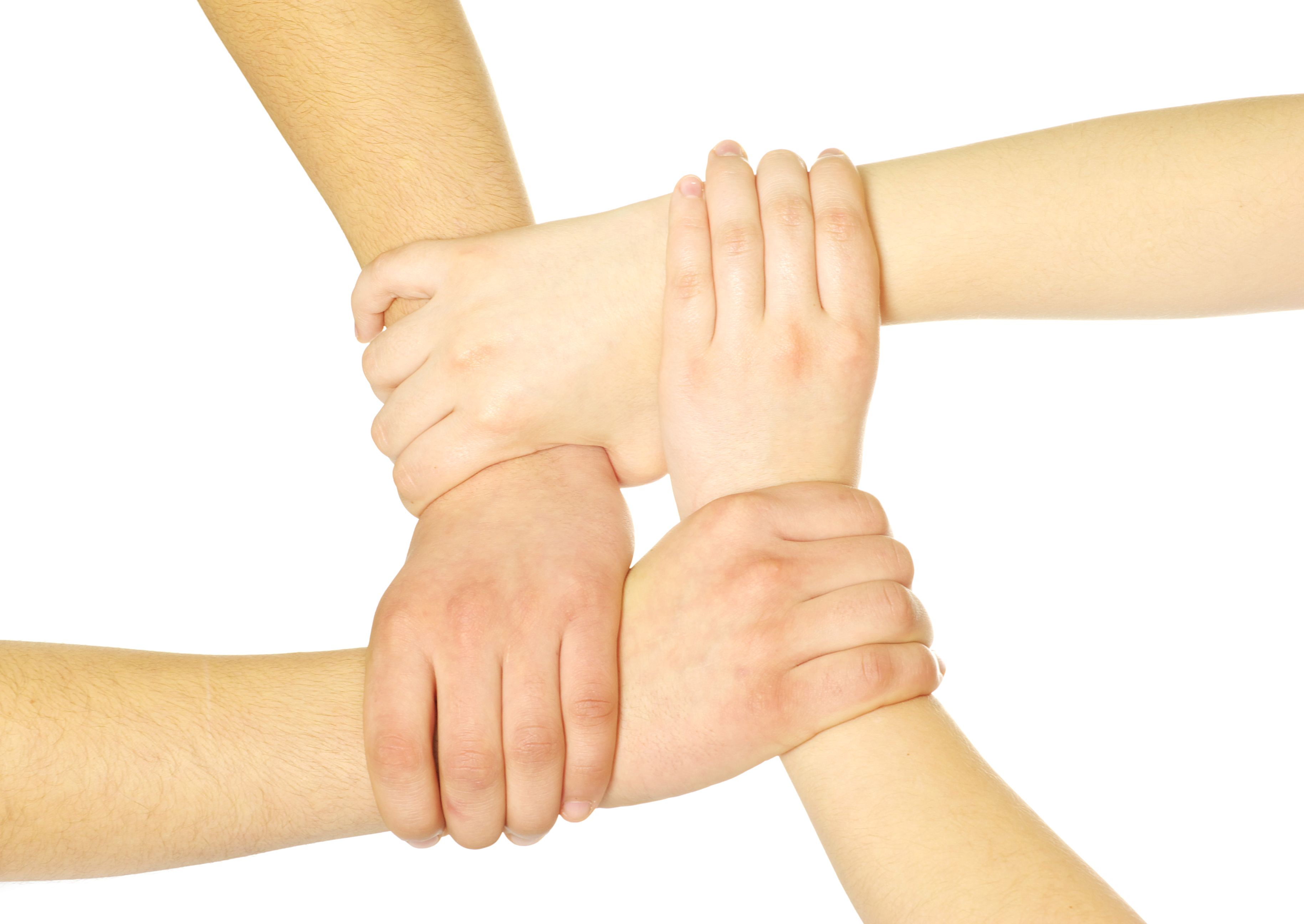 seks par hænder der mødes i midten af billedet og holder om hinanden