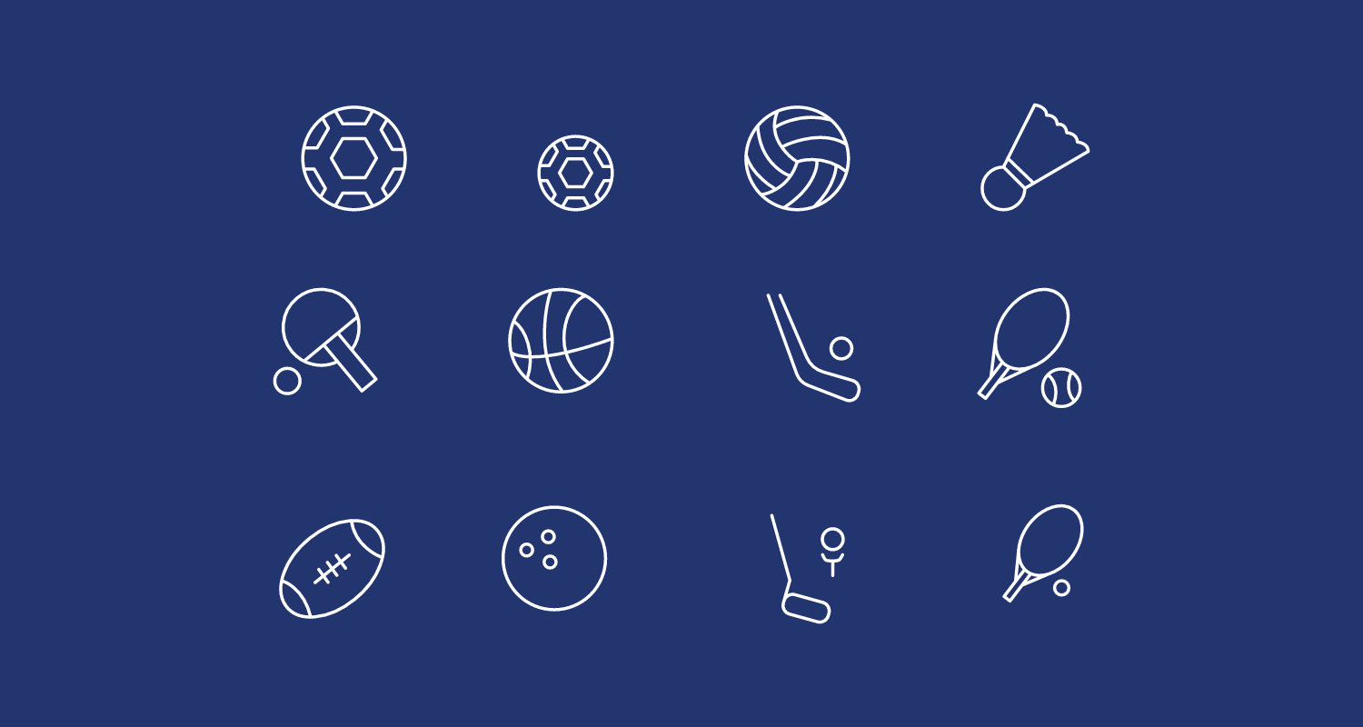 Hvide piktogrammer for forskellige typer af boldspil på blå baggrund