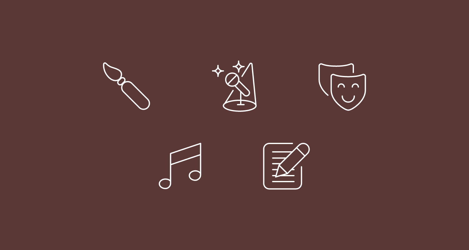 Piktogrammer for kreative aktiviteter: pensel, teatermask, mikrofon, musiknode, og papirblok og blyant