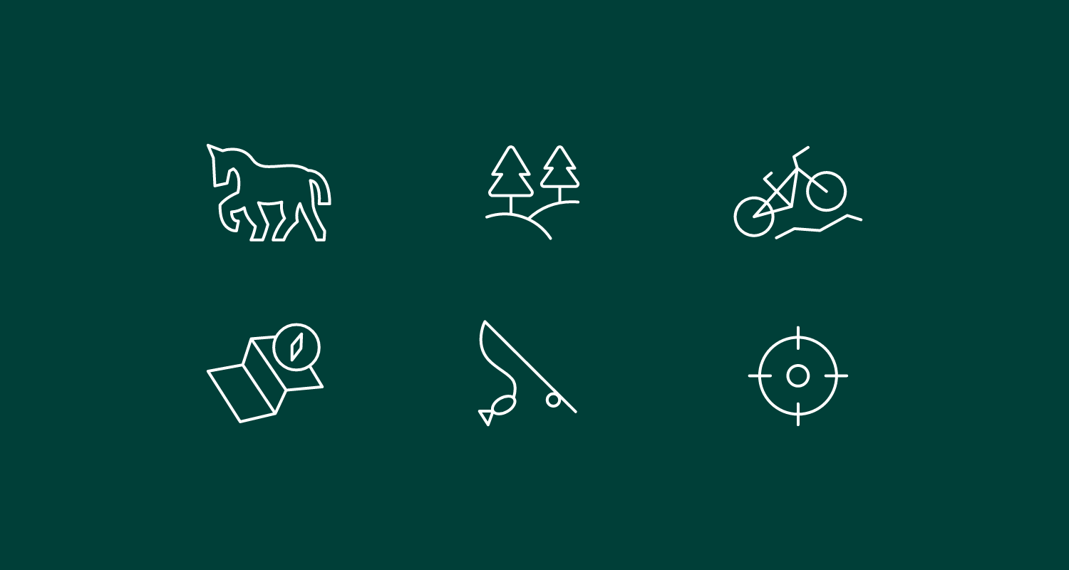 Piktogrammer for natur og udeliv: hest, træer, cykel, kort og kompas, fiskestang