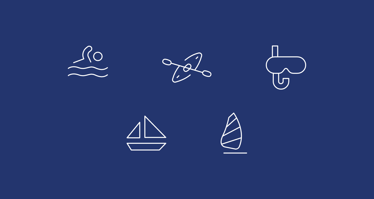 Piktogrammer for vandaktiviteter: svømning, kajak, snorkel + dykkermaske, sejlbåd og windsurf-board
